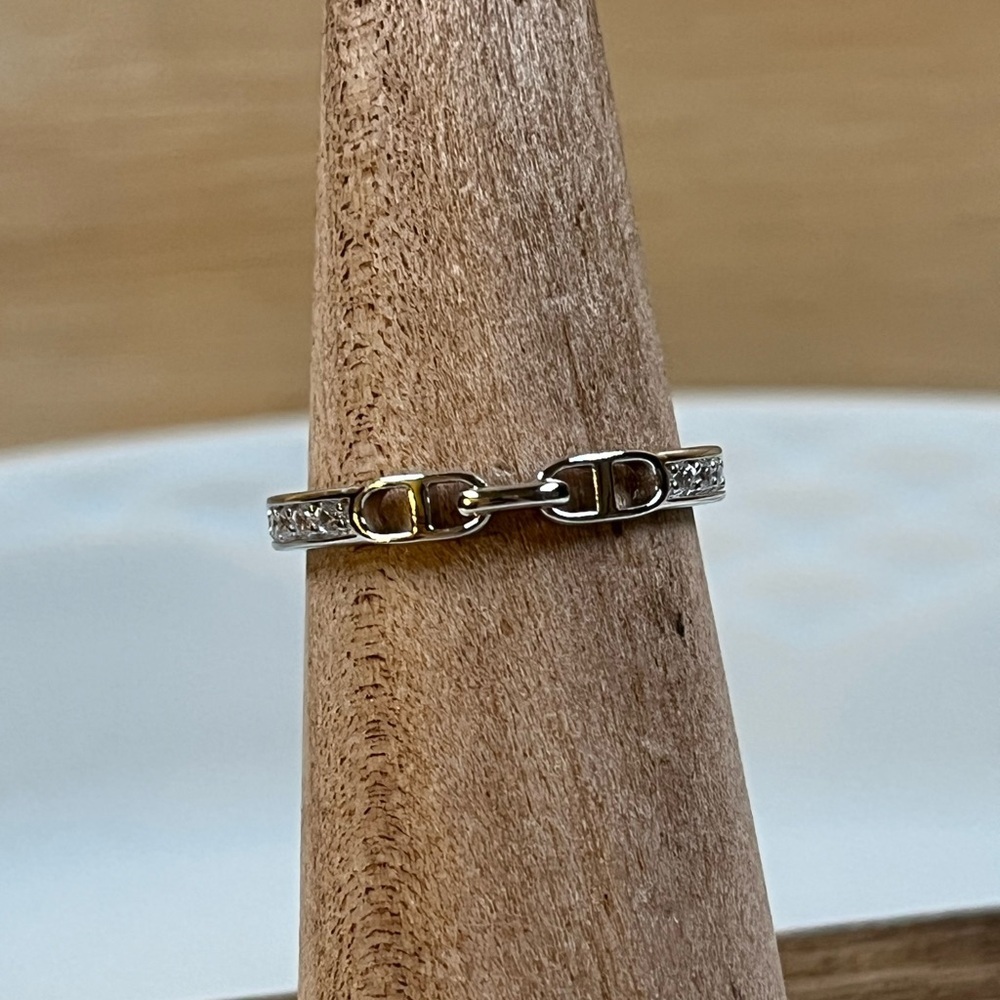 Rhodium Plated Solid 925 Sterling Silver Chain Link Cubic Zirconia Ring Size 5.5 - Picture 3 of 7